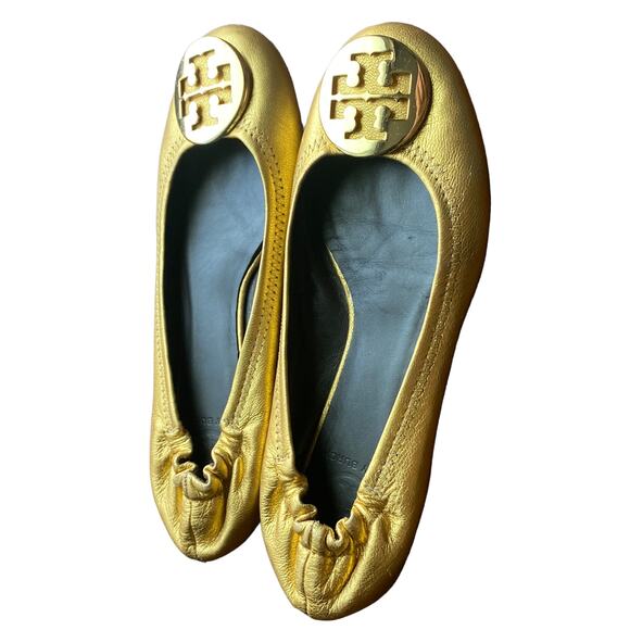 Tory Burch Reva Gold Leather Ballet Flats Women’s Shoes Logo Medallion 7.5 - Picture 11 of 12
